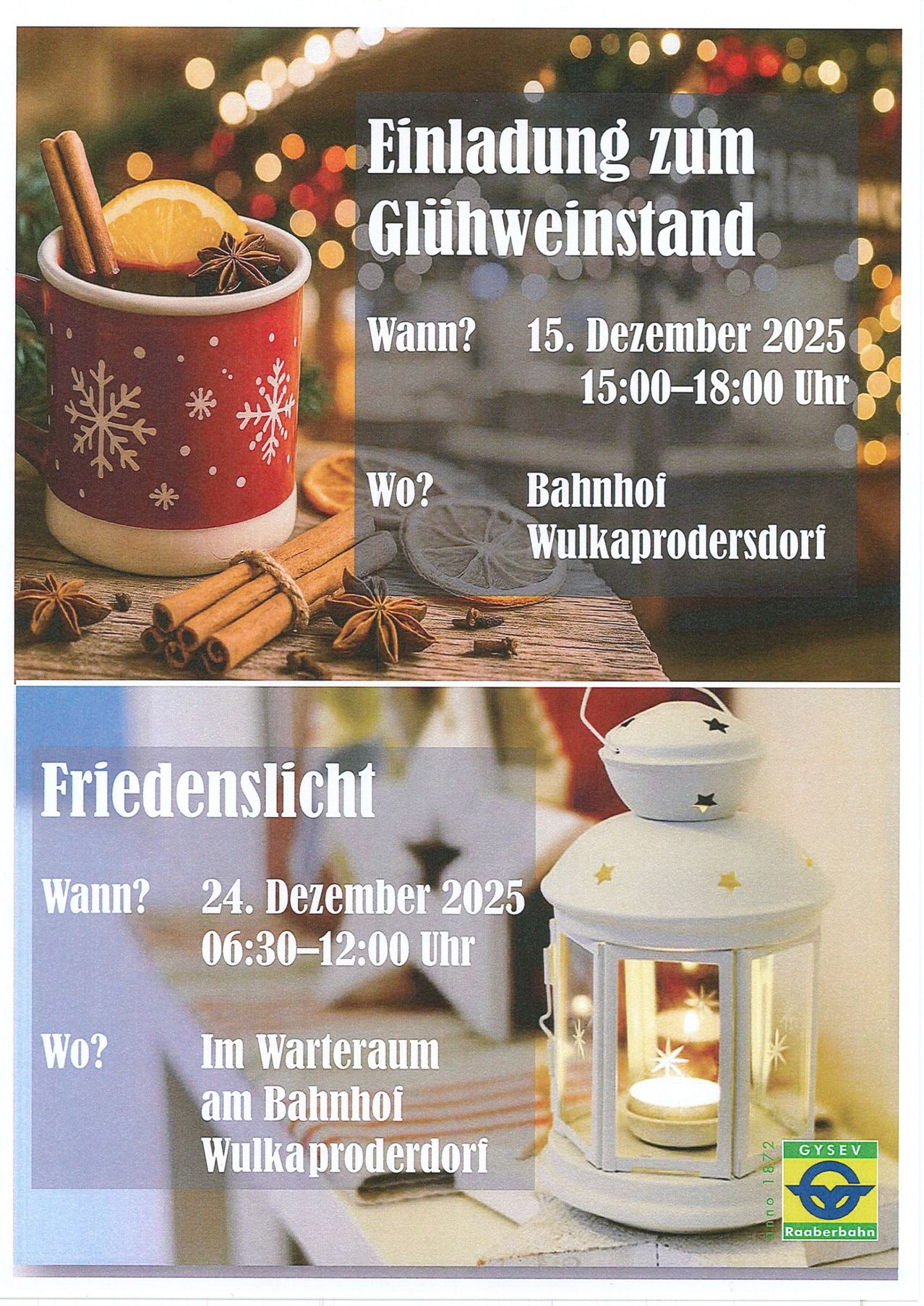 Zwei Veranstaltungen werden angezeigt. Die erste ist ein Glühweinstand, der am 15. Dezember 2025 von 15:00 bis 18:00 Uhr am Bahnhof in Wulkaprodersdorf stattfindet. Die zweite Veranstaltung ist eine Friedensvigil, die am 24. Dezember 2025 von 6:30 bis 12:00 Uhr im Warteraum des Bahnhofs stattfindet.