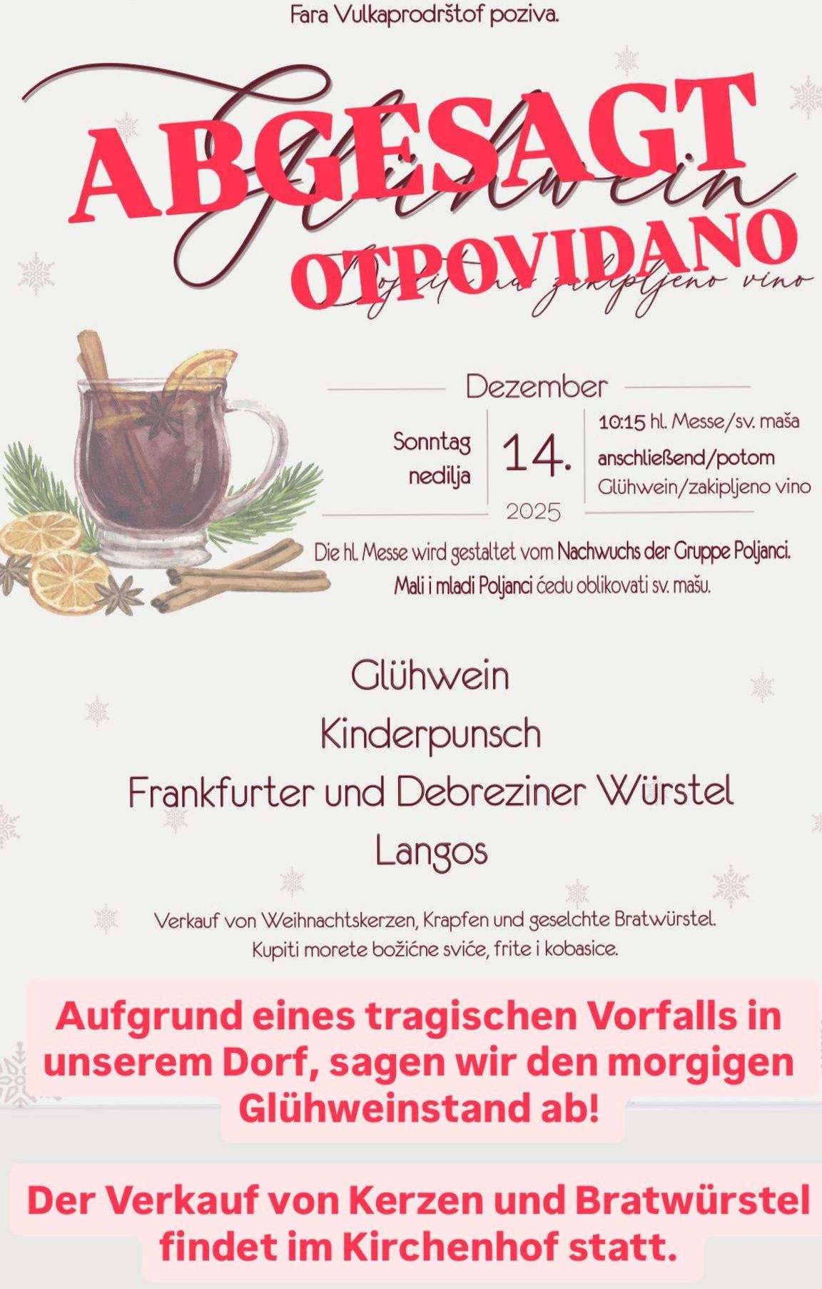 Plakat für eine Weihnachtsveranstaltung mit Glühwein, mit einer Tasse mit Zimtstangen und Zitrone. Geplant für den 14. Dezember 2025, beinhaltet eine Messe, gefolgt von Glühwein und traditionellen Würsten.