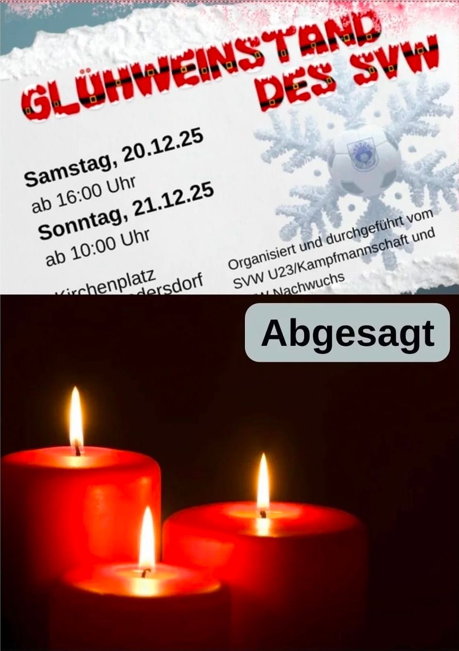 Plakat mit zwei roten Kerzen und dem Wort 'Abgesagt'. Daten und Uhrzeiten für Veranstaltungen am 20. und 21. Dezember. Ein Fußball zwischen Schneeflocken.
