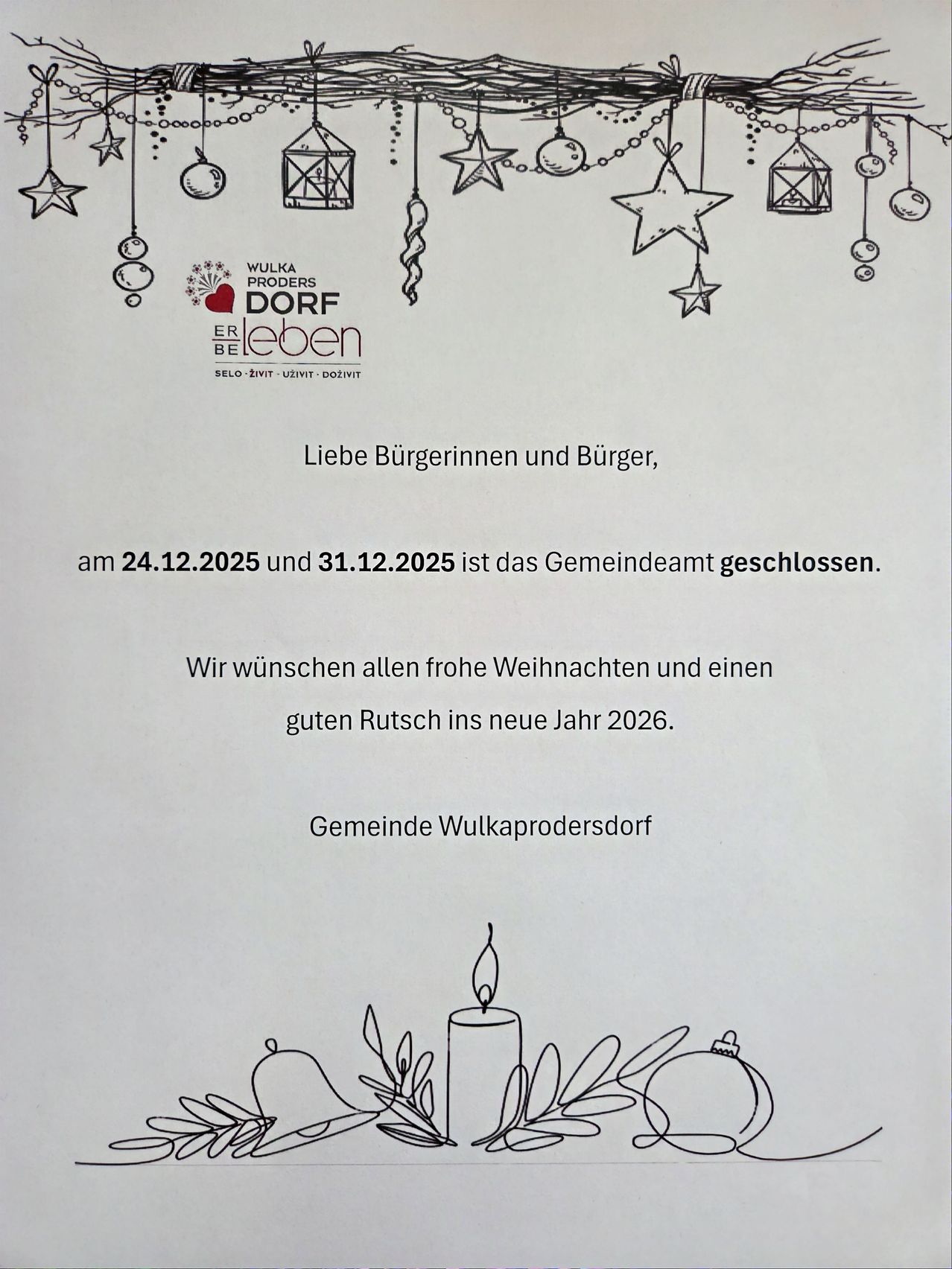 Postkarte der Gemeinde Wulkaprodersdorf mit der Ankündigung der Schließung des Rathauses am 24.12.2025 und 31.12.2025 und den Wünschen für frohe Weihnachten und einen guten Start ins Jahr 2026.
