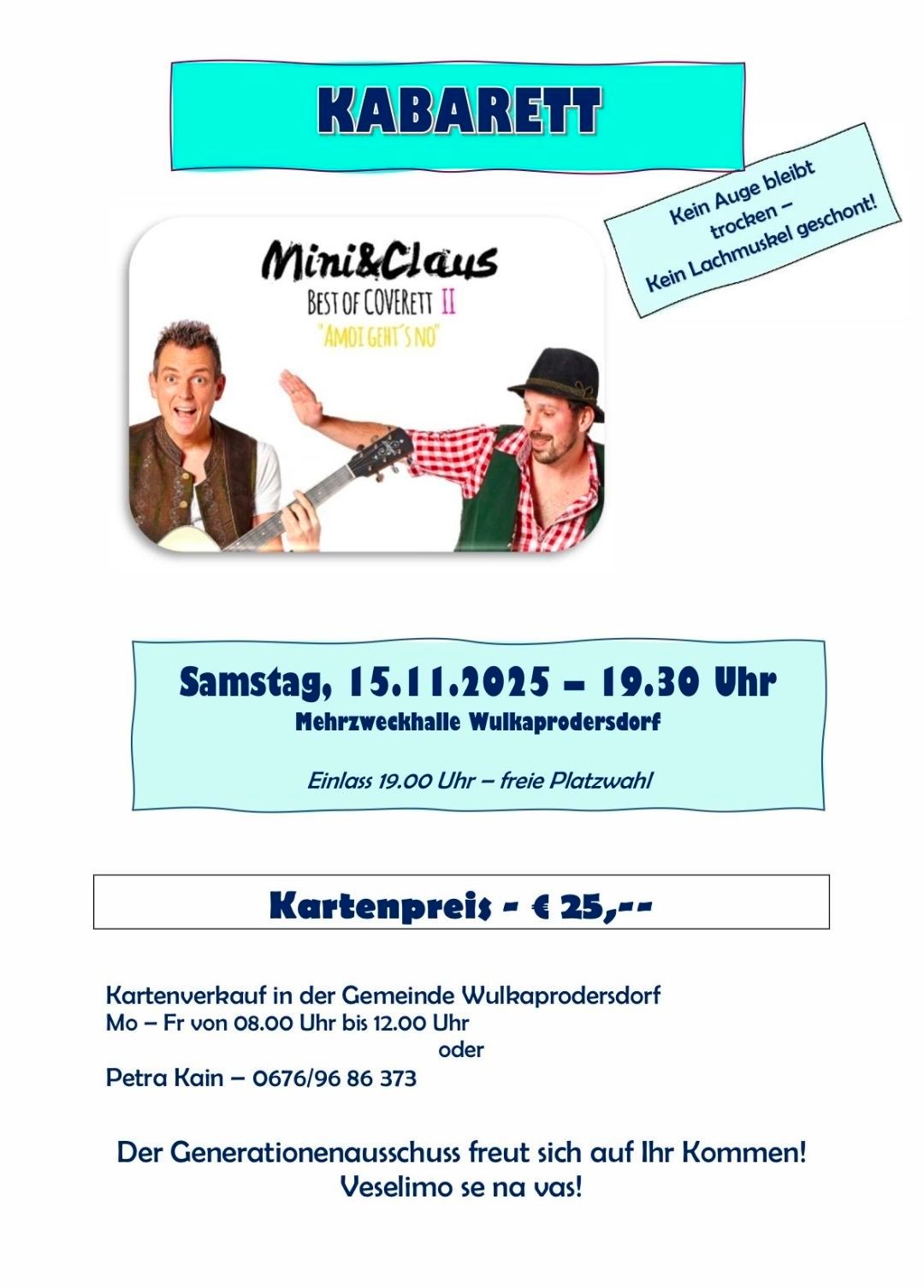 Werbeplakat für Mini & Claus, Best of Coverett II, Veranstaltung am 15.1.2025, 19:30 Uhr, Mehrzweckhalle, Eintritt ab 19:00 Uhr, Kartenpreis 25 Euro.