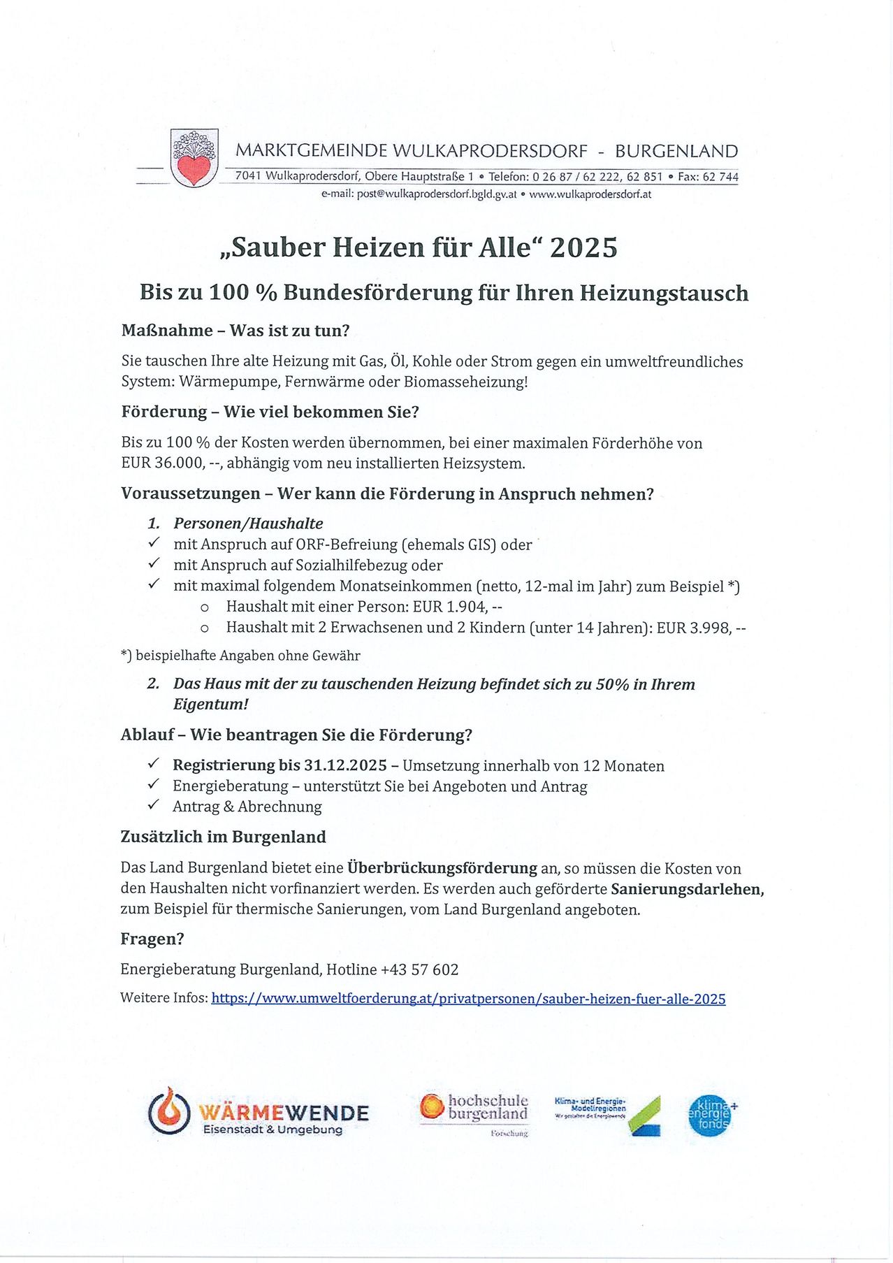 Ein Informationsflyer über ein Heizungsaustauschprogramm 2025, das bis zu 100% Bundesförderung anbietet. Es beschreibt, was zu tun ist, wer sich dafür qualifizieren kann und wie man die Förderung beantragt.