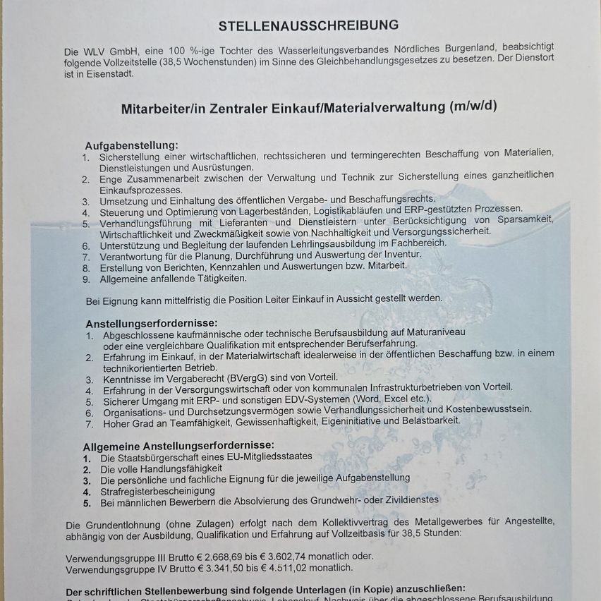 Stellenausschreibung für einen Mitarbeiter im zentralen Einkauf/Materialverwaltung (m/w/d). Aufgaben umfassen die Beschaffung von Materialien, Koordination mit Management und Technik sowie die Einhaltung von Vorschriften. Zuständigkeiten beinhalten auch Planung, Budgetierung und Bestandsverwaltung. Vergütung nach Tarifvertrag.