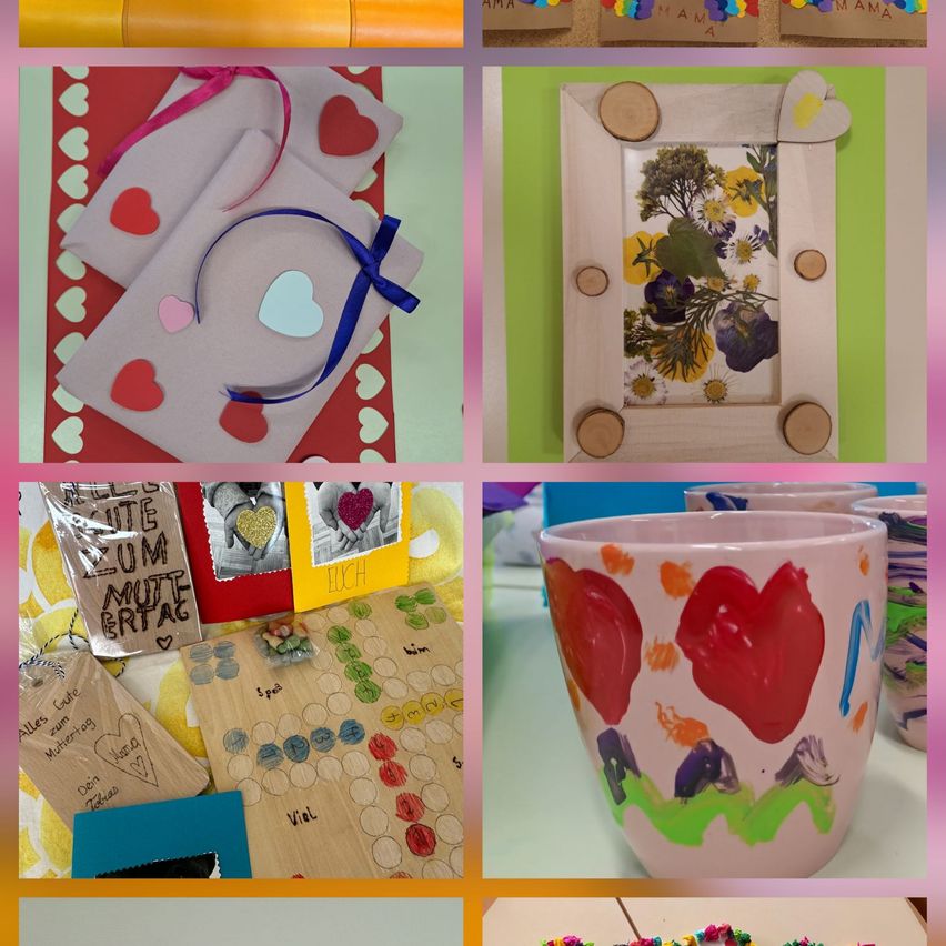 Eine Collage verschiedener selbstgemachter Geschenke: Karten, Rahmen, Tassen und ein Brettspiel, alle mit Herzmotiven und bunten Designs.