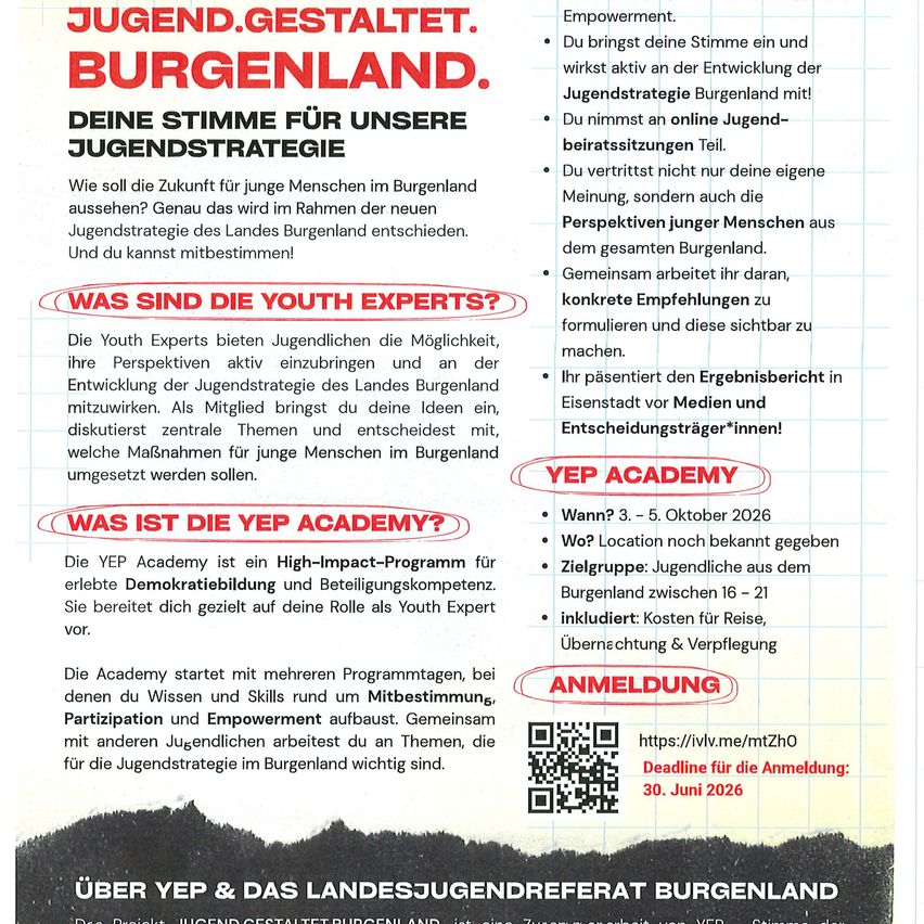 Die Youth Experts bieten Jugendlichen die Möglichkeit, ihre Perspektiven aktiv einzubringen und an der Entwicklung der Jugendstrategie des Landes Burgenland mitzuwirken. Sie diskutieren zentral Themen und entscheiden, welche Maßnahmen für junge Menschen im Burgenland umgesetzt werden sollen.