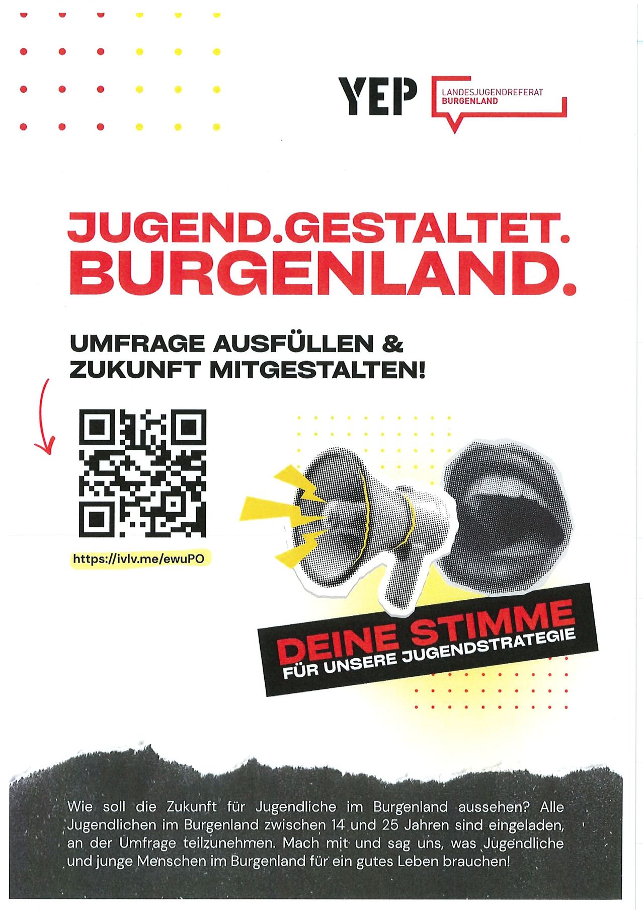 Ein Plakat zur Befragung über Jugendstrategie in Burgenland. Es zeigt ein Megafon und einen Mund. Ein QR-Code ist für die Teilnahme verfügbar.