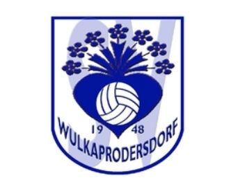 Das Logo zeigt ein blaues Herz mit einem Volleyball darin, umgeben von blauen Blumen. Unter dem Herz steht in fetter Schrift 'WULKAPRODERSDORF 1948'. Das Herz befindet sich auf einem weiß-blau gestreiften Hintergrund.