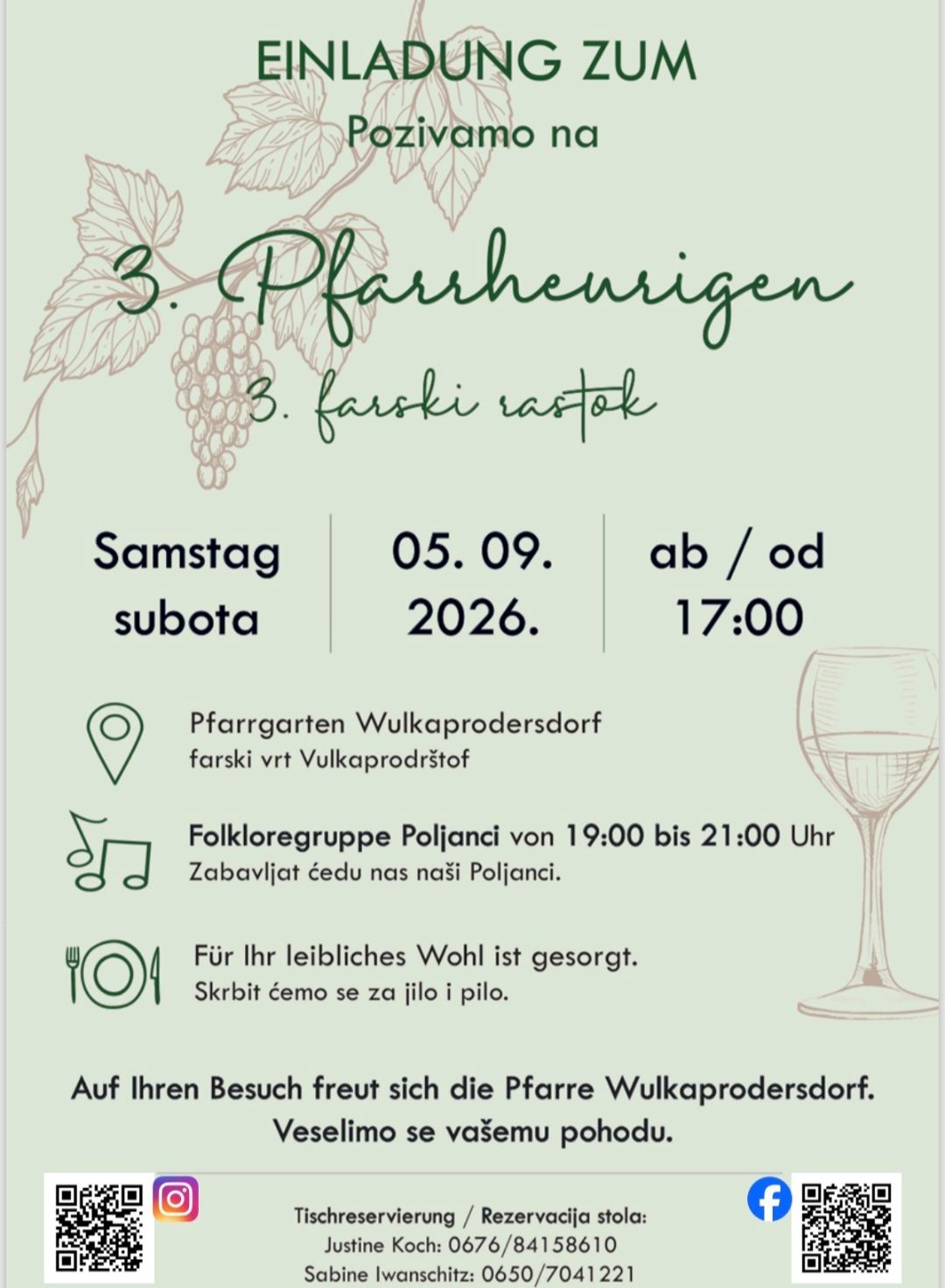 Poster for the 3rd Wine Harvest Festival in Vulkaprodersdor, scheduled for Saturday, September 5th, 2026, starting at 5 PM. The event features a wine glass, a map icon, and a folk music icon.