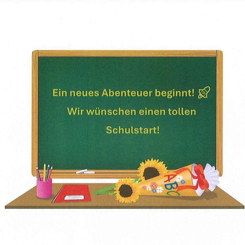 A classroom scene with a green chalkboard displaying a cheerful message. Below the board, there's a desk with a bouquet of sunflowers, a cone of school supplies, and a small pink cup with pencils.