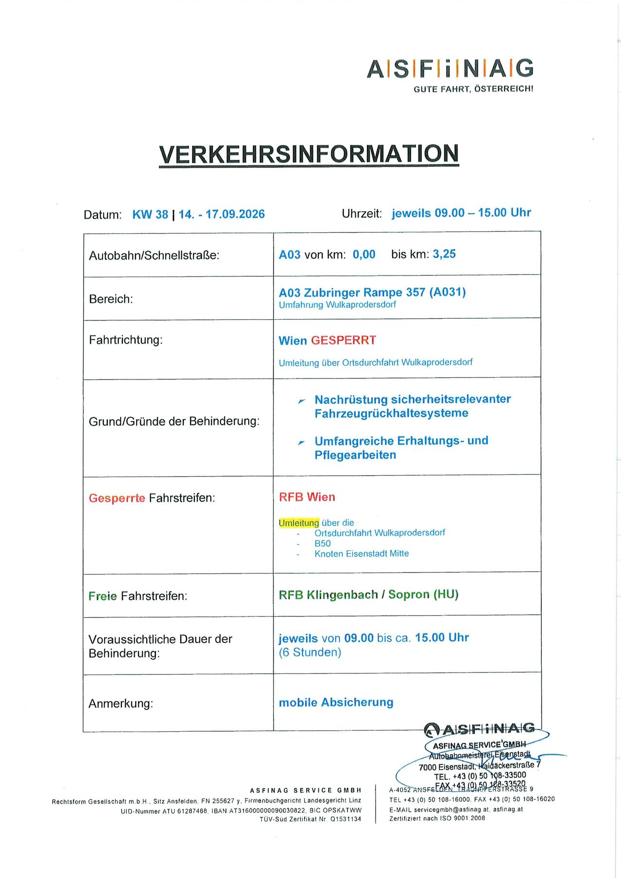 A document titled 'Verkehrsinformation' provides details about a vehicle's route, including start and end points, driving directions, and maintenance information. It specifies the route from A03, starting at kilometer 0, to kilometer 3.25, and mentions the vehicle's maintenance at the Ortsdorf railway station.