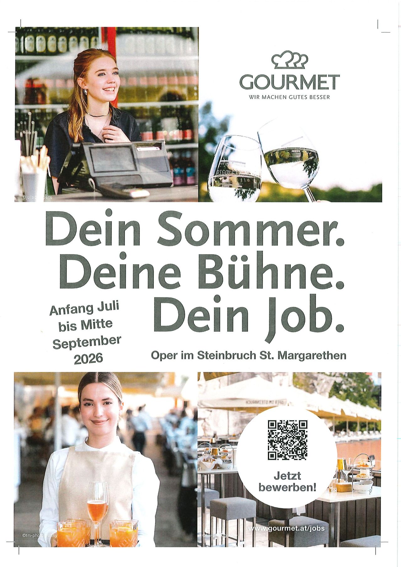 Poster for summer job opportunities at Gourmet, featuring a female cashier and a woman in a white apron, with a QR code for more information. Available from July to mid-September 2026 at Steinbruch St. Margarethen.