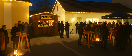 Menschen versammeln sich um ein Lagerfeuer vor einer kleinen Holzhütte mit der Aufschrift Punsch. Ein Baldachin ist aufgestellt und mehrere Menschen stehen in der Nähe eines Feuers.