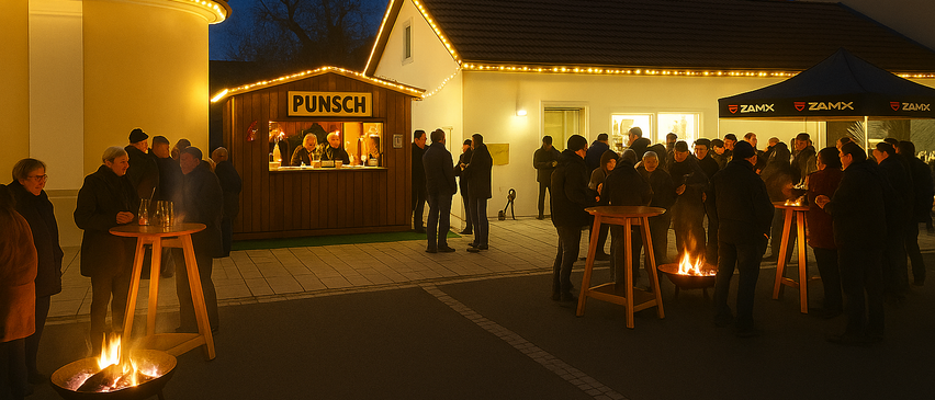Eine nächtliche Szene mit Menschen, die sich um ein Feuerbecken versammelt haben. Ein Stand mit einem Schild, das 'Punsch' liest, ist in der Nähe. Der Bereich ist gut beleuchtet mit Lichterketten.