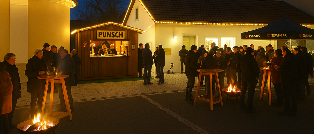 Eine nächtliche Szene mit Menschen, die sich um ein Feuerbecken versammelt haben. Ein Stand mit einem Schild, das 'Punsch' liest, ist in der Nähe. Der Bereich ist gut beleuchtet mit Lichterketten.
