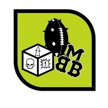 Ein grüner Hintergrund mit einem schwarzen und weißen Football, einem Würfel und einem Totenkopf. Der Würfel hat ein Ausrufezeichen und einen aufwärts weisenden Pfeil. Die Buchstaben M und B sind schwarz.