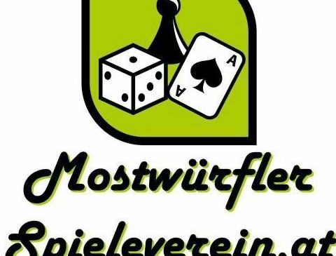 Ein Logo mit einem grünen Schild, einem Schachstück, einem Würfel und einer Spielkarte mit dem Buchstaben A. Darunter steht 'Mostwurfler Spieleverein.at'.