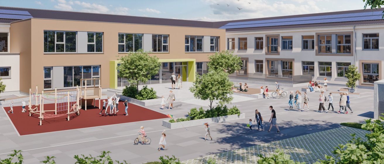 Eine künstlerische Darstellung eines Schulgebäudes mit Solarpanels auf dem Dach. Menschen, darunter Kinder, gehen um das Gebäude herum und spielen.