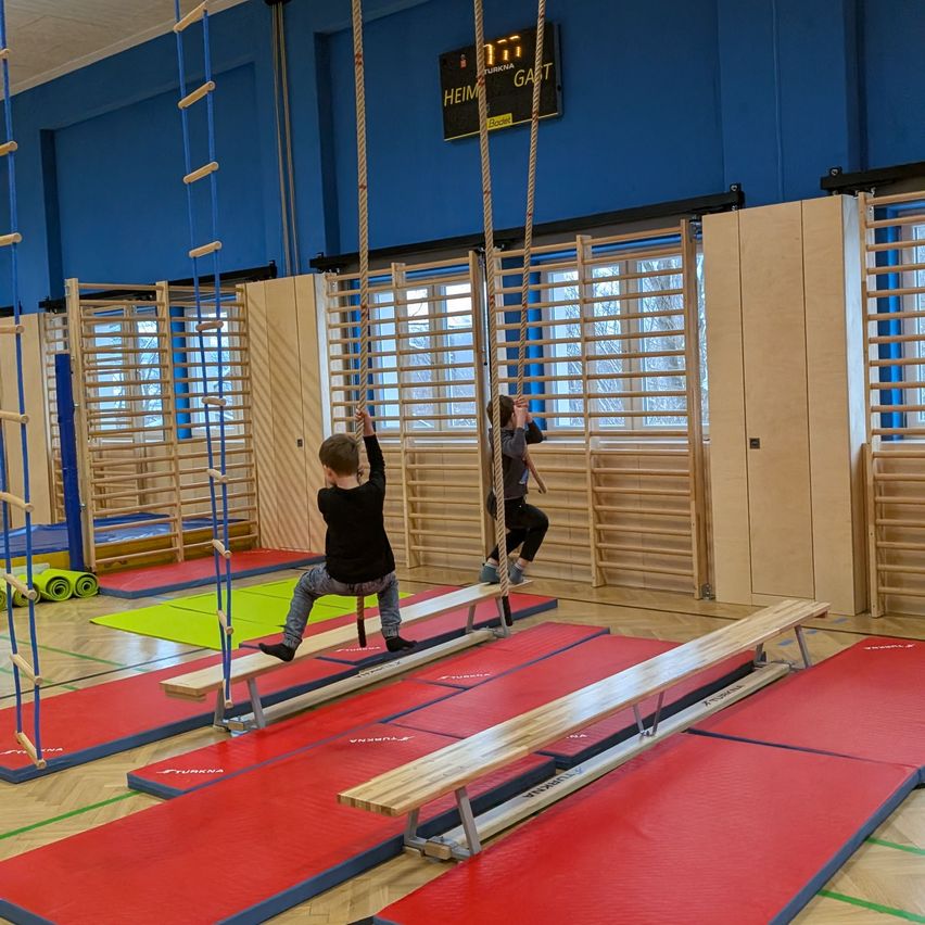 Zwei Kinder klettern in einer Turnhalle mit roten Matten und blauen Wänden an Seilleitern. Es gibt mehrere Übungsgeräte in der Umgebung.