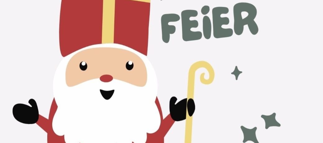 Illustration von St. Nikolaus mit rotem Gewand, goldenem Kreuz und Gehstock. Der Text lautet 'NIKOLAUS FEIER' mit Sternen darum.