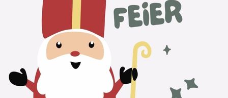 Illustration von St. Nikolaus mit rotem Gewand, goldenem Kreuz und Gehstock. Der Text lautet 'NIKOLAUS FEIER' mit Sternen darum.