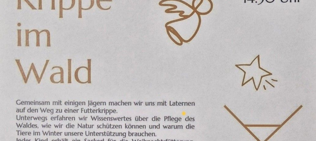 Einladung zum 4. Adventsonntag am 21.12.2025 um 14:30 Uhr. Es zeigt ein Bild eines Waldes und lädt zu einem Laternenumzug mit Familien ein. Kinder erhalten einen Sack für Weihnachten. Kontakt: Pass Bernadette Gundinger.