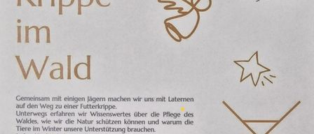 Einladung zum 4. Adventsonntag am 21.12.2025 um 14:30 Uhr. Es zeigt ein Bild eines Waldes und lädt zu einem Laternenumzug mit Familien ein. Kinder erhalten einen Sack für Weihnachten. Kontakt: Pass Bernadette Gundinger.