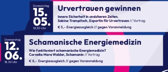 Poster mit blauem und rosa Hintergrund. Es hat den Titel "ERLEBEN". Es hat sechs Veranstaltungen mit Datum, Uhrzeit, Beschreibung und Kosten.