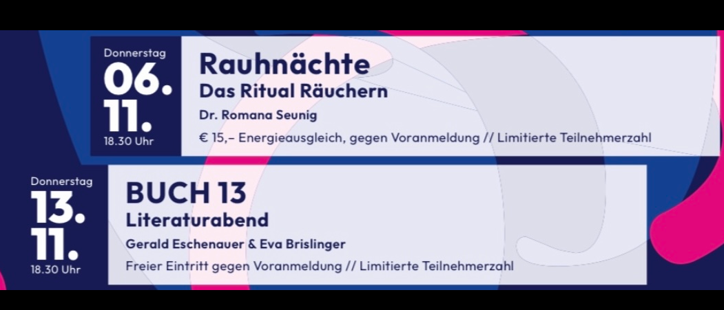 Ein Plakat für zwei Veranstaltungen am Donnerstag, 6. November. Die erste Veranstaltung, Rauchnachte, beginnt um 18.30 Uhr mit einem Preis von 15 € und begrenzter Ticketverfügbarkeit. Die zweite Veranstaltung, Literaturabend, beginnt um 18.30 Uhr mit freiem Eintritt und begrenzter Ticketverfügbarkeit.