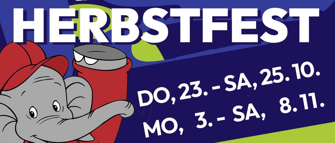Plakat für Bresschmanns Herbstfest. Gelistete Termine. Elefant mit rotem Hut und Hemd. 20% Rabatt auf alle Spielzeuge.
