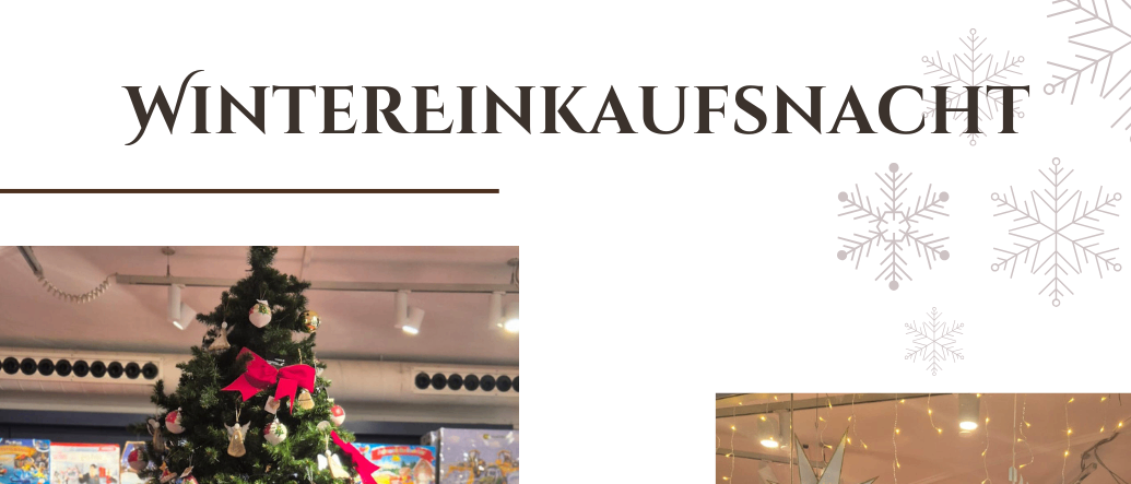 Geschmuckte Weihnachtsbaum in einem Spielzeugladen mit Spielzeug drumherum und ein weiterer Ladeninnenraum mit Weihnachtsdekoration. Darunter das Logo von Breschan mit dem Text 'Freitag, 28. November bis 22 Uhr'.