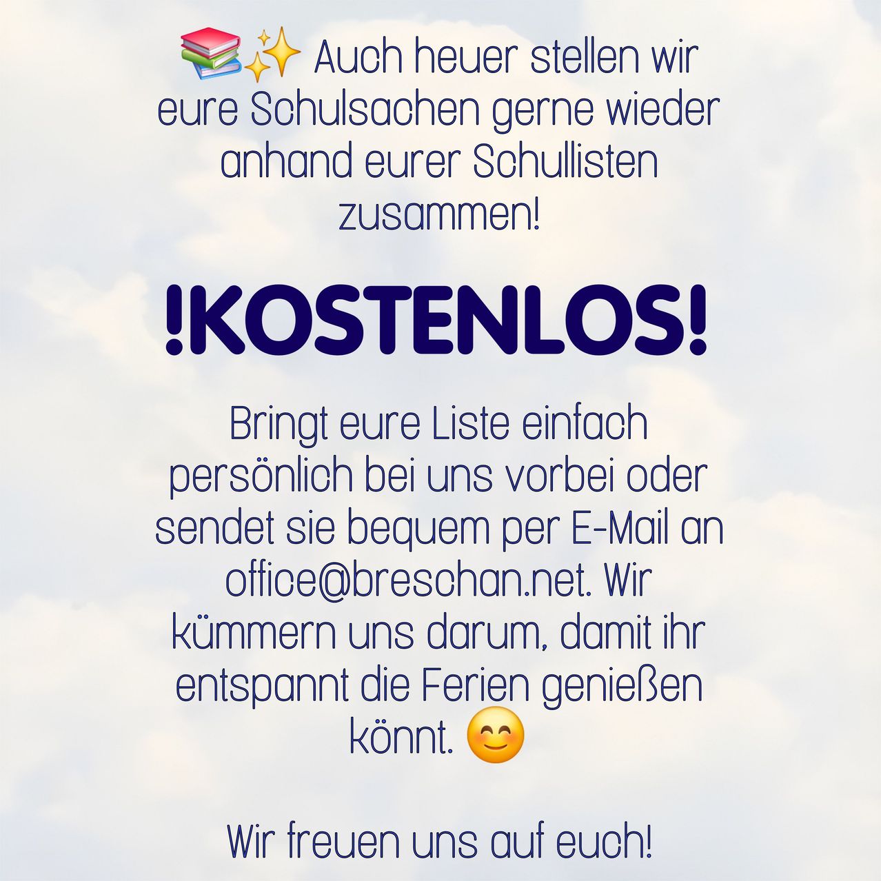 An advertisement for a free school bag collection service. It includes a blue sky background, a yellow smiley face, and text in German and English.