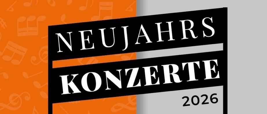 Eine Werbung für Neujahrskonzerte im Jahr 2026 mit den Zeiten 3:1 und 4:1, 17:00 und einem Musiknotenmuster auf orangefarbenem Hintergrund.