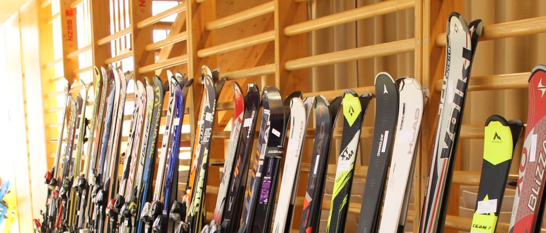 A ski shop displays a row of various skis mounted against a wooden wall, showcasing different colors and brands.