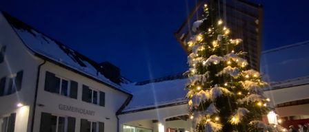 A black car is parked near a lit Christmas tree in the snow in front of a building labeled Gemeindeamt.