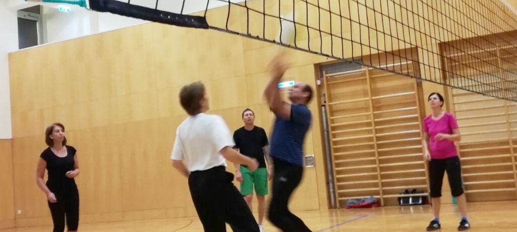 Eine Gruppe von Menschen spielt Volleyball in einer Halle. Ein Spieler springt, um den Ball zu schlagen, während ein anderer Spieler sich darauf vorbereitet, zu blocken. Zuschauer beobachten von den Seitenlinien.