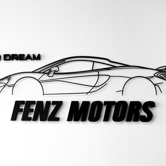 Schwarz-weißes Design eines Autos mit der Aufschrift 'Your Dream' darüber und 'FENZ MOTOR' darunter. Das Auto ist stilisiert und scheint ein Sportwagen zu sein.