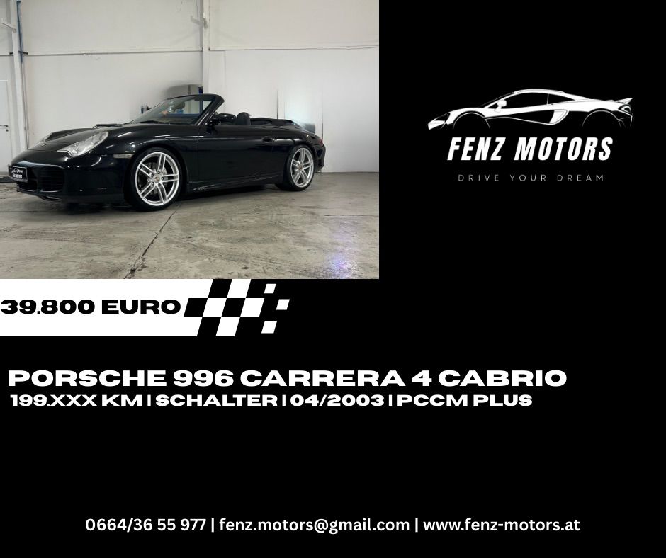 Schwarzer Porsche 996 Carrera 4 Cabrio Cabriolet in einer Garage geparkt. Preis 300 Euro. Kontakt: 0664/36 55 977, E-Mail: fenz.motors@gmail.com, Webseite: www.fenz-motors.at.