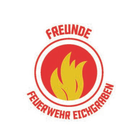 Ein rotes und gelbes Flammenlogo mit den Worten 'Freunde Feuerwehr Eichgraben' in rotem Schrift auf weißem Hintergrund.