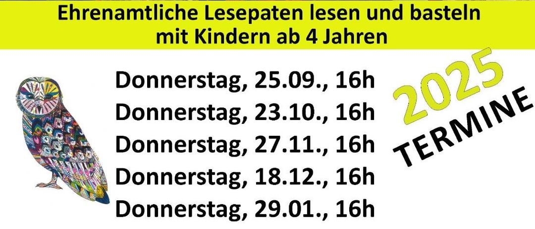 Werbung für LeseKids. Erwachsene lesen und basteln mit Kindern ab 4 Jahren. Donnerstags, 16 Uhr. Termine: 25.09., 23.10., 27.11., 18.12., 29.01.
