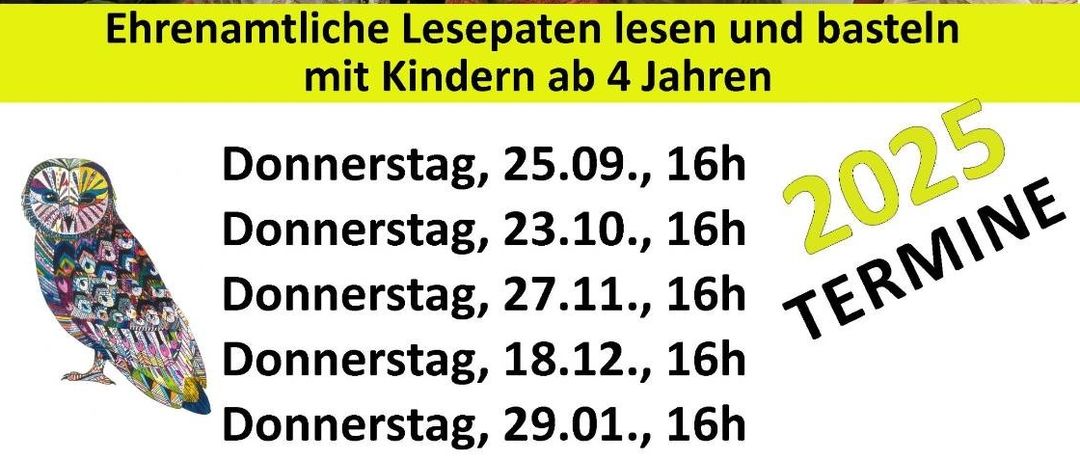 Eine Werbung für Lesesitzungen für Kinder, mit einer Frau, die Kindern vorliest, und den Terminen für Lesesitzungen im Jahr 2025.