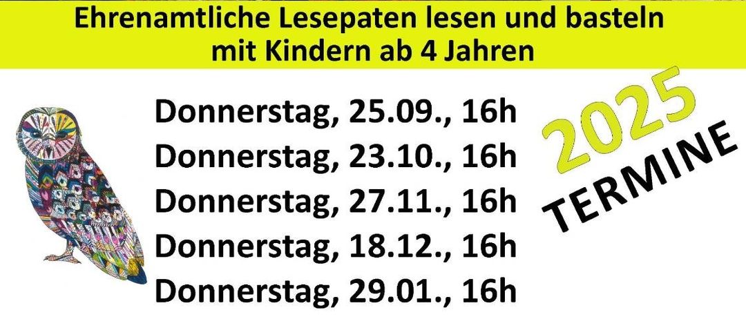 Ein Plakat für Lesekids. Es zeigt Erwachsene, die Kindern auf Sofas vorlesen. Termine und Zeiten für Lesesitzungen sind aufgeführt. Der Text ist auf Deutsch.