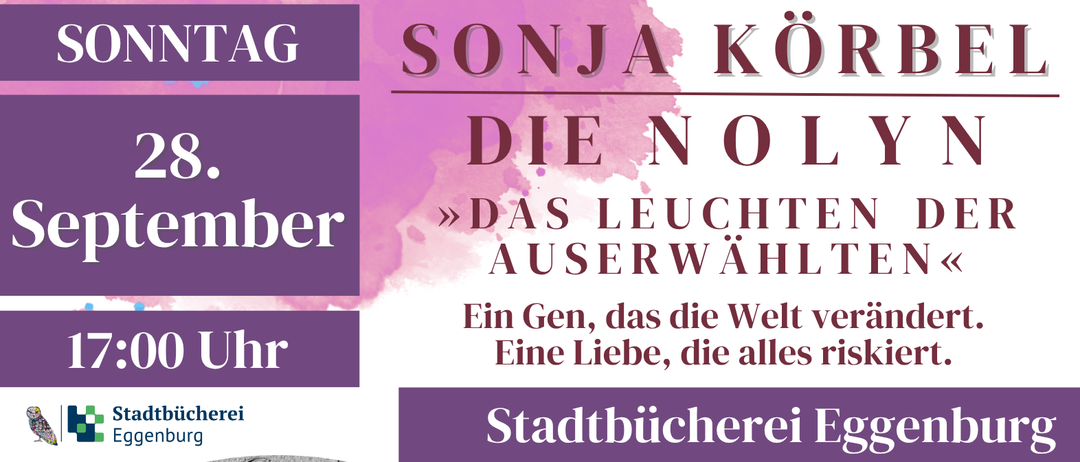 Ein Plakat für eine Romantasy-Lesung mit Sonja Körbel, Sonntag, 28. September, 17:00 Uhr. Ort: Stadtbücherei Eggenburg, Kremserstrasse 1. Anmeldung unter petra.hauk@eggenburg.at, 0664 284 2747. Eintritt frei.