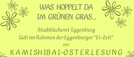 Zwei Kinder lesen ein Buch, ein Mädchen mit blonden Haaren und ein Junge mit einem karierten Hemd. Dahinter befinden sich Osterdekorationen und ein Korb mit Eiern. Der Postertext lautet 'Was Hoppelt Da Im Grünen Gras...'.