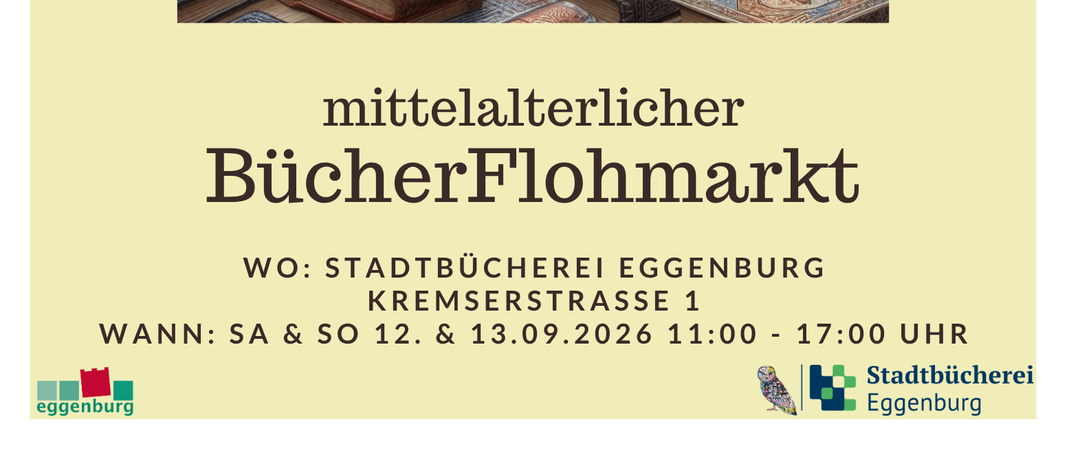 Eine mittelalterliche Buchmarktszene mit einer Frau, die inmitten von Bücherstapeln sitzt. Über ihr wird der Text 'gebrauchte Bücher' in einer Sprechblase angezeigt. Die Frau liest ein Buch, während andere den Markt durchstöbern.