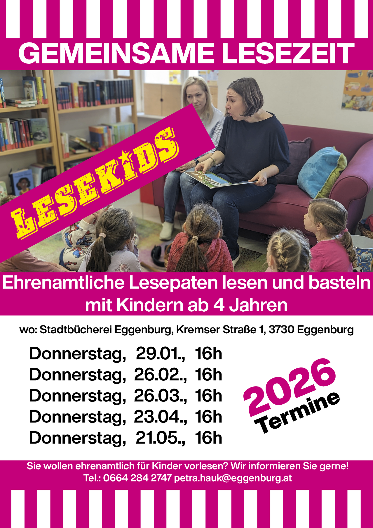 Plakat für Leseaktivitäten mit Kindern ab 4 Jahren. Ort: Stadtbücherei Eggenburg. Termine: Donnerstags um 16 Uhr, Beginn am 29. Januar.