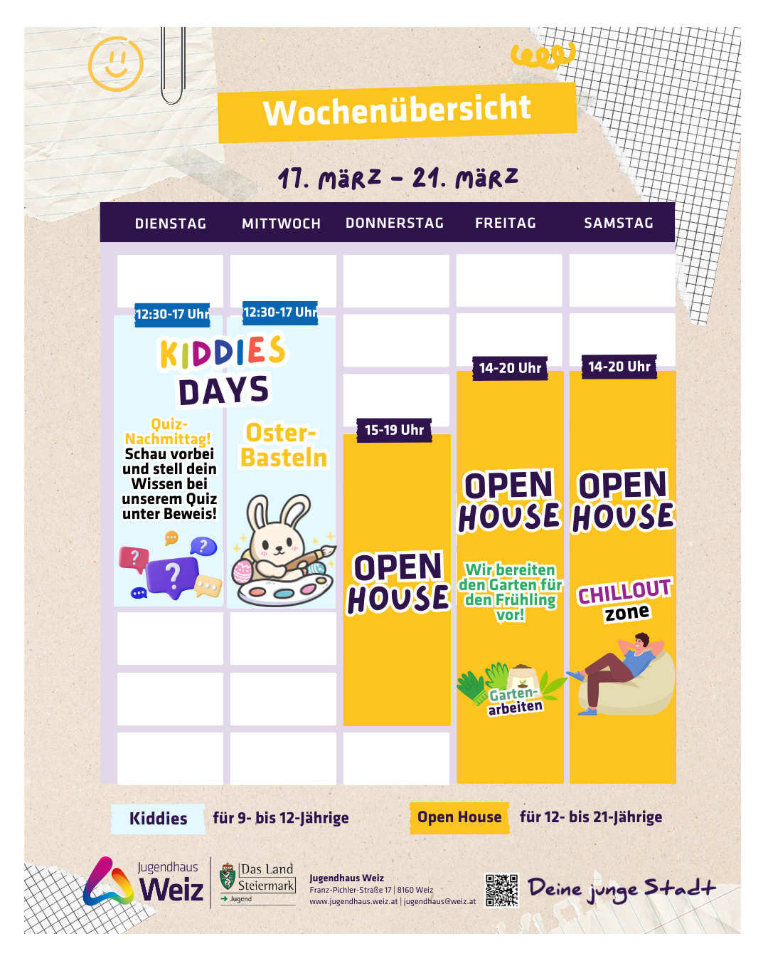 Wochenübersicht vom 17. März bis 21. März. 'Kiddies Days' von 12:30-17 und 'Open House' von 14-20. 'Open House' auch von 15-19 Uhr.