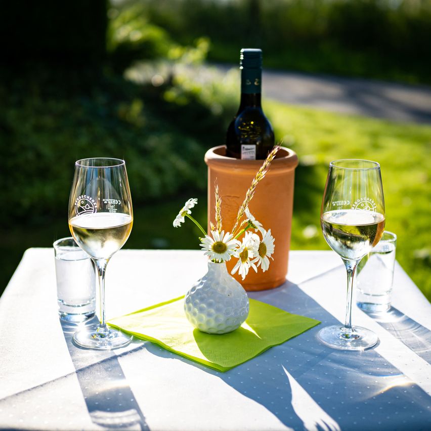 Ein Tisch mit Weingläsern, einer Vase mit Gänseblümchen und einer Flasche Wein in einem Terrakotta-Topf an einem sonnigen Tag.
