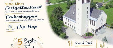 Ein Plakat für ein Festival mit einer Kirche im Hintergrund, das einen Korb mit Brot und Fisch, einen Glockenturm und verschiedene Festivalaktivitäten zeigt.