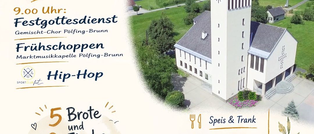 Ein Plakat für ein Festival mit einer Kirche im Hintergrund, das einen Korb mit Brot und Fisch, einen Glockenturm und verschiedene Festivalaktivitäten zeigt.