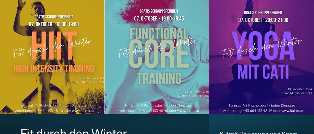 Drei Poster bewerben Fitness-Trainingssitzungen. Das erste Poster zeigt eine Frau mit Text über Fitnesstraining. Das zweite Poster bietet kostenlose Gesichtspflege an und erwähnt eine Veranstaltung am 7. Oktober. Das dritte Poster zeigt einen Mann, der Yoga macht, mit Text über Fitness im Winter.